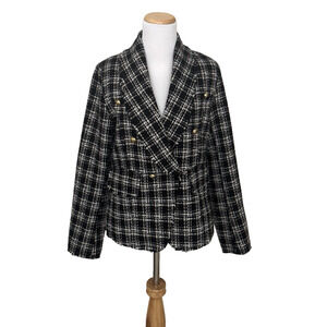 AQUA Bloomingdale's Blazer S Black White Tweed Plaid Collar Long-Sleeve Jacket